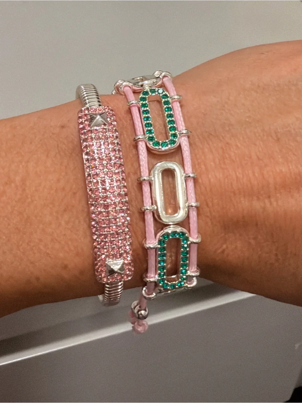 Pink Crystal Bracelet Set with Green Accent - Bomb Party NWT!